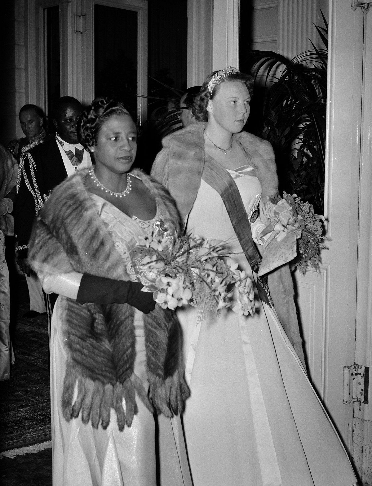 First Lady Antoinette Tubman and Princess Beatrix of the Netherlands during the Liberian state visit, October 1956