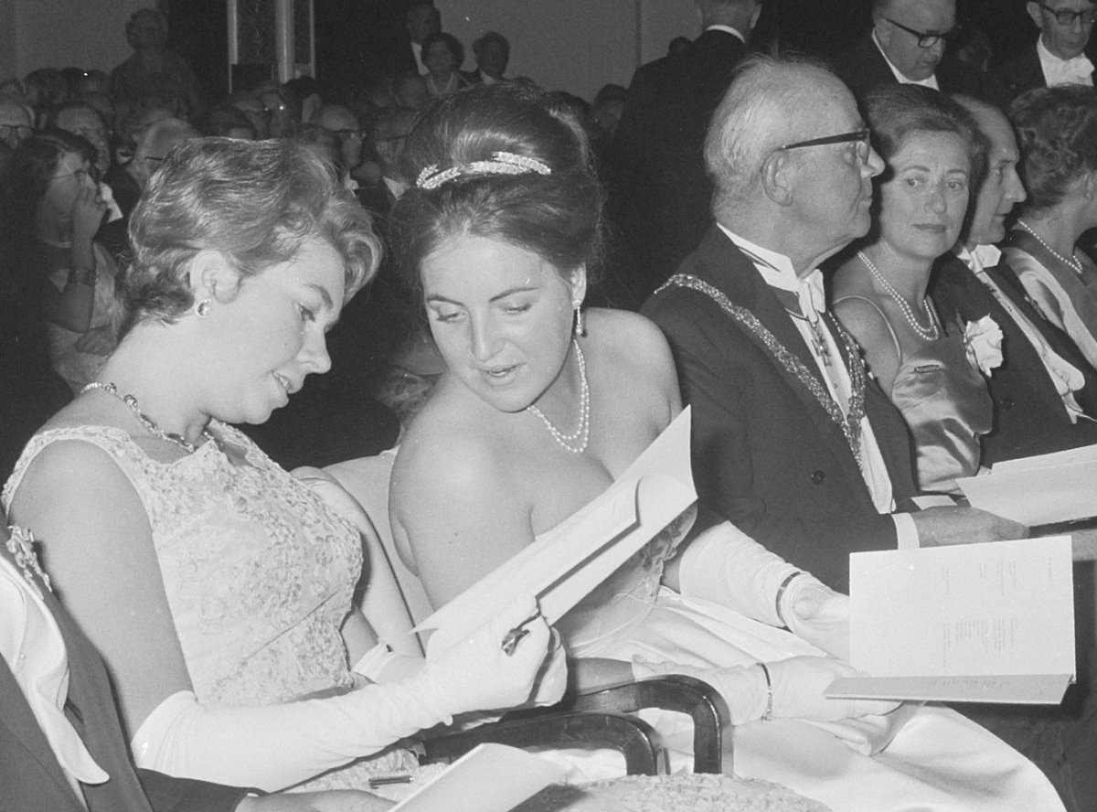 Princess Margriet of the Netherlands and Princess Christina of Sweden attend the opening of the Holland Festival in Scheveningen, June 15, 1964