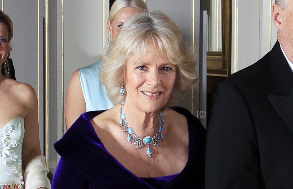 The duchess of Cornwall, Camilla (L), and Norwegian King Harald arrive on March 20, 2012 for a gala dinner at the Royal palace in Oslo