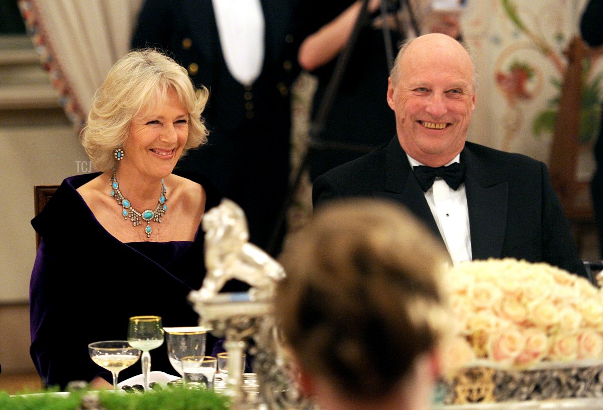 England's Camilla, Duchess of Cornwall (C), flanked by Norwegian prime minister Jens Stoltenberg (L) and Norwegian King Harald (R) laugh on March 20, 2012 for a gala dinner at the Royal palace in Oslo