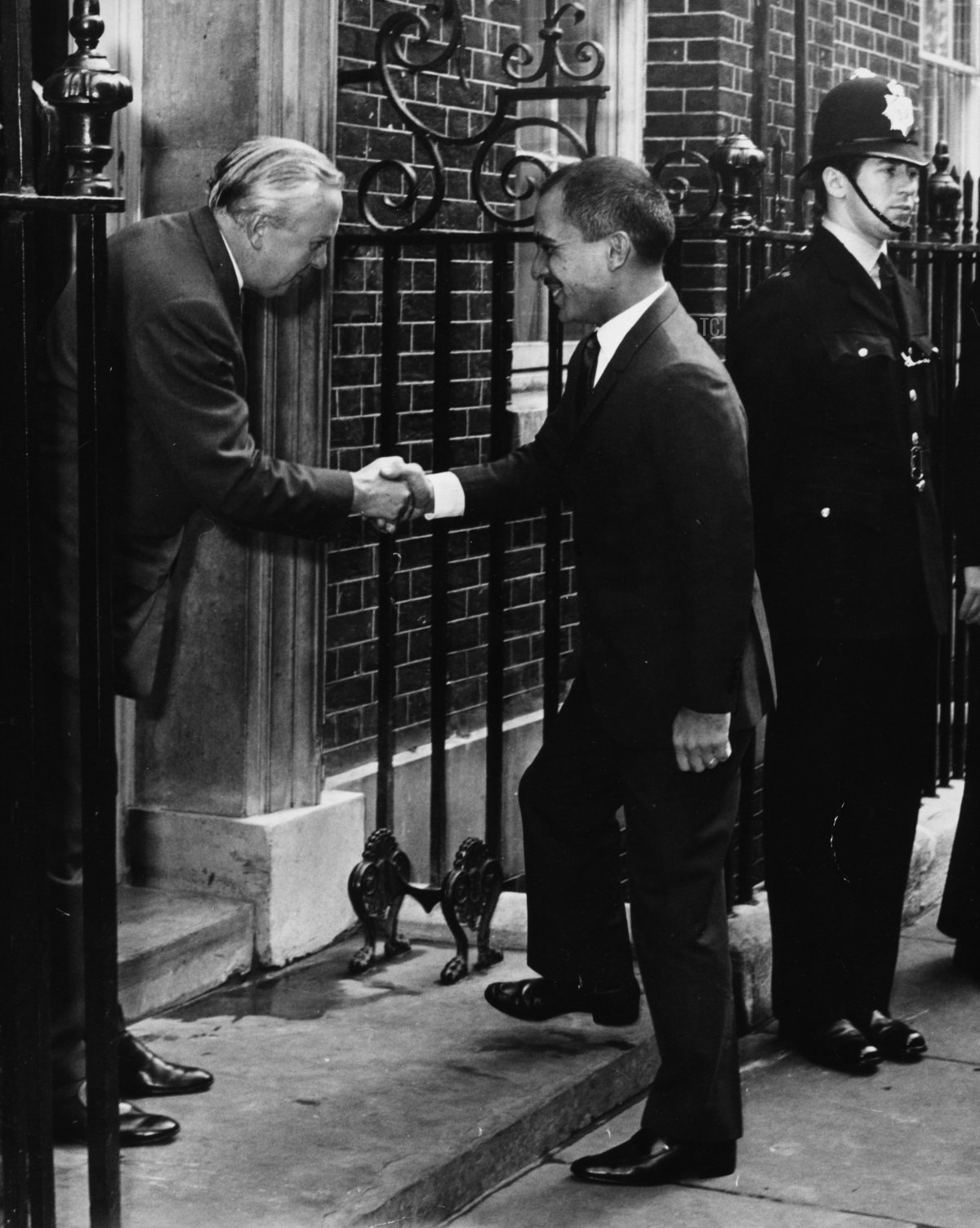 British Prime Minister Harold Wilson (left) shaking hands with King Hussein of Jordan, outside 10 Downing Street, London, July 22nd 1966