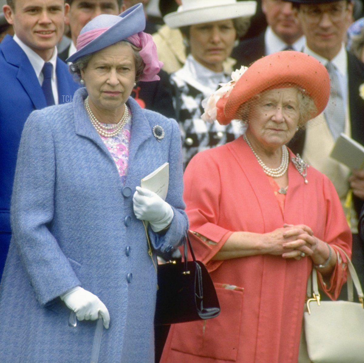 Jun 1991: Her Majesty the Queen (left) and her Majesty the Queen Mother (right) during the Derby at Epsom racecourse in Epsom, England