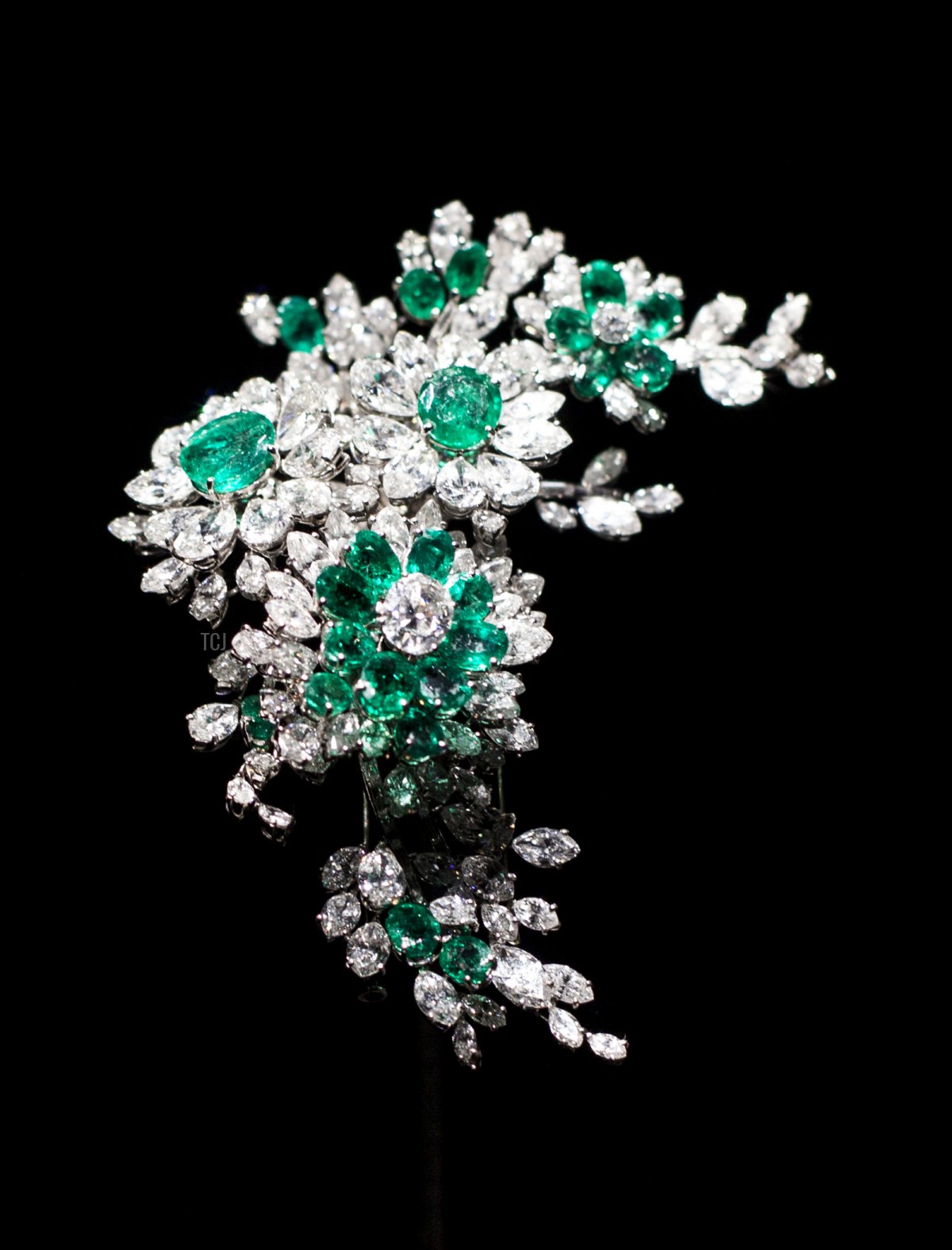 A 'Tremblant' brooch by Bulgari, given to actor Elizabeth Taylor by her fourth husband Eddie Fisher, on display at the Victoria and Albert Museum on April 2, 2014 in London, England