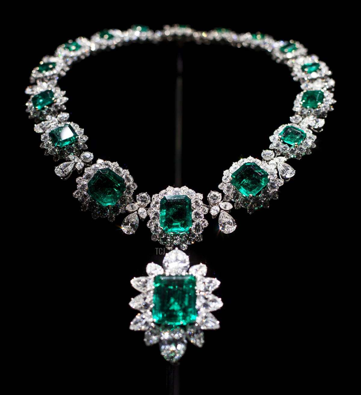 A Bulgari necklace of Colombian emeralds surrounded by diamonds, supporting a large pendent emerald of 23.44 carats, owned by actor Elizabeth Taylor on display at the Victoria and Albert Museum on April 2, 2014 in London, England