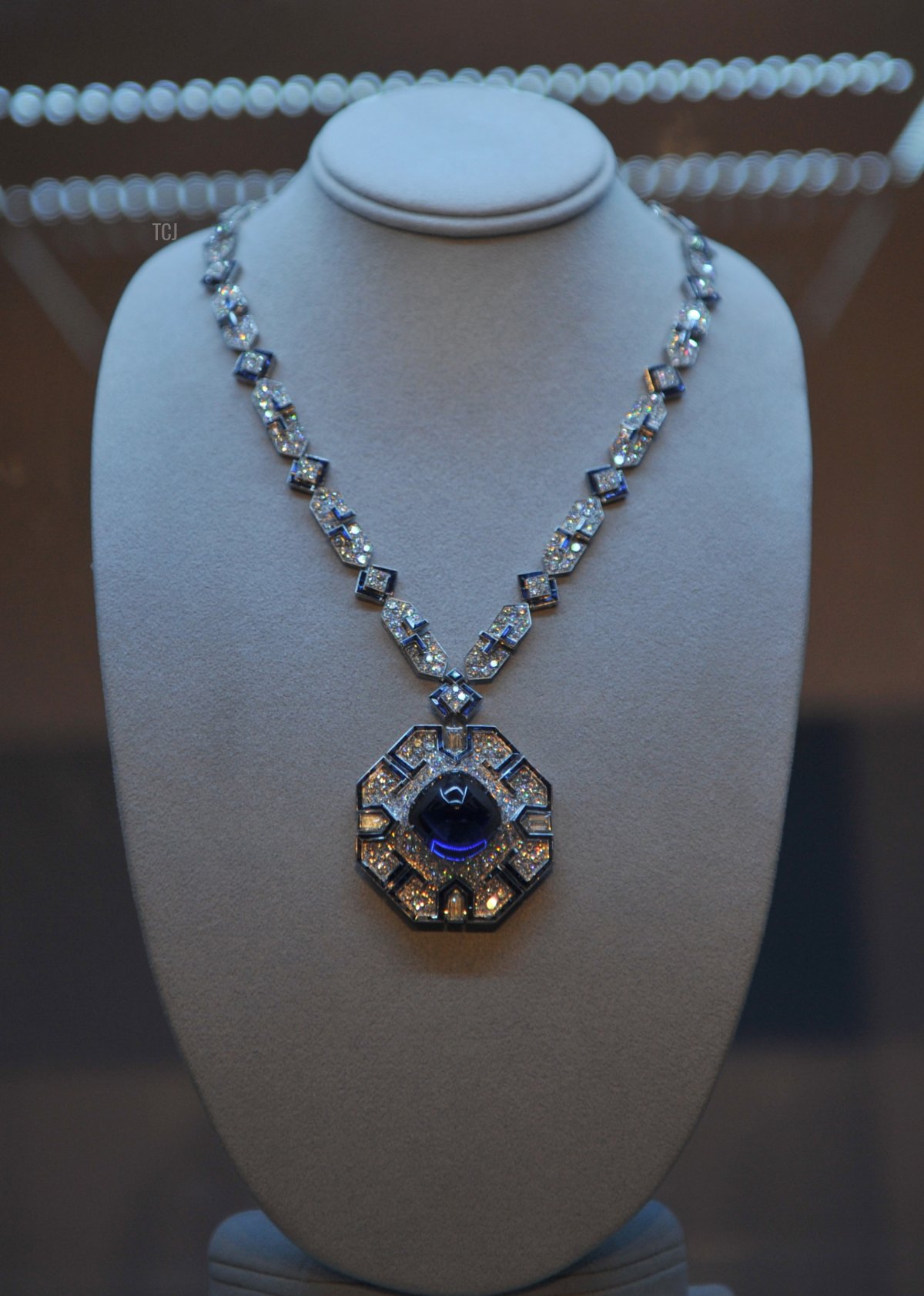 A Sapphire and Diamond sautoir, by Bvlgari, which belonged to the late actress, Elizabeth Taylor, is seen in Hong Kong on November 24, 2011