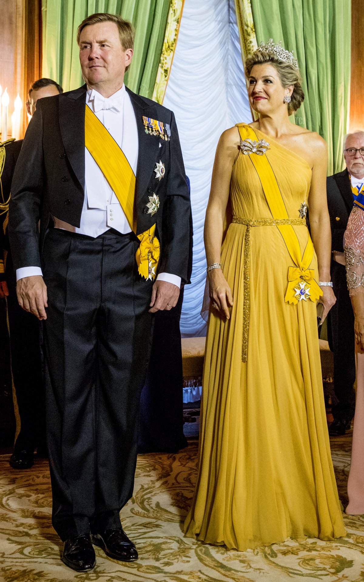 King Willem-Alexander of The Netherlands, Queen Maxima of The Netherlands and Grand Duchess Maria Teresa of Luxembourg during the official picture at the state banquet in the Grand Ducal Palace on May 23, 2018 in Luxembourg