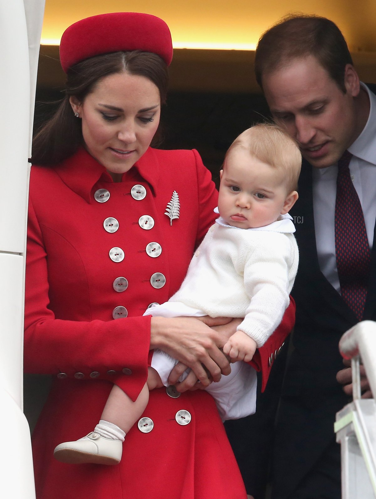 Catherine, Duchess of Cambridge, Prince William, Duke of Cambridge and Prince George of Cambridge arrive at Wellington Military Terminal on an RNZAF 757 from Sydney on April 7, 2014 in Wellington, New Zealand