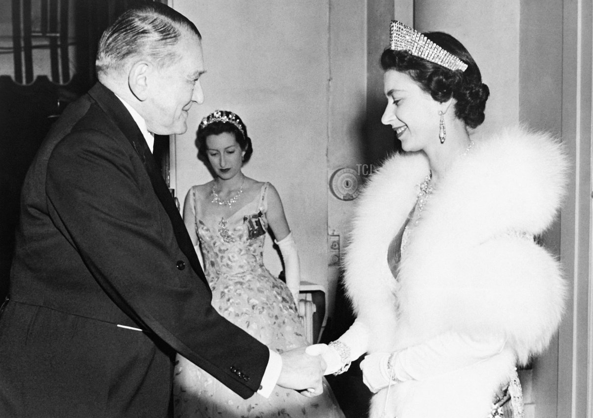 French President Rene Coty welcomes Queen Elizabeth II in Paris during a state visit in France on April 1957