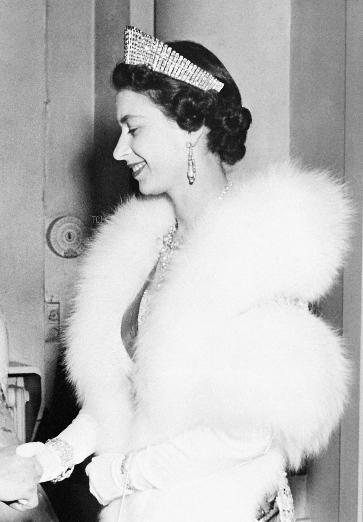 French President Rene Coty welcomes Queen Elizabeth II in Paris during a state visit in France on April 1957