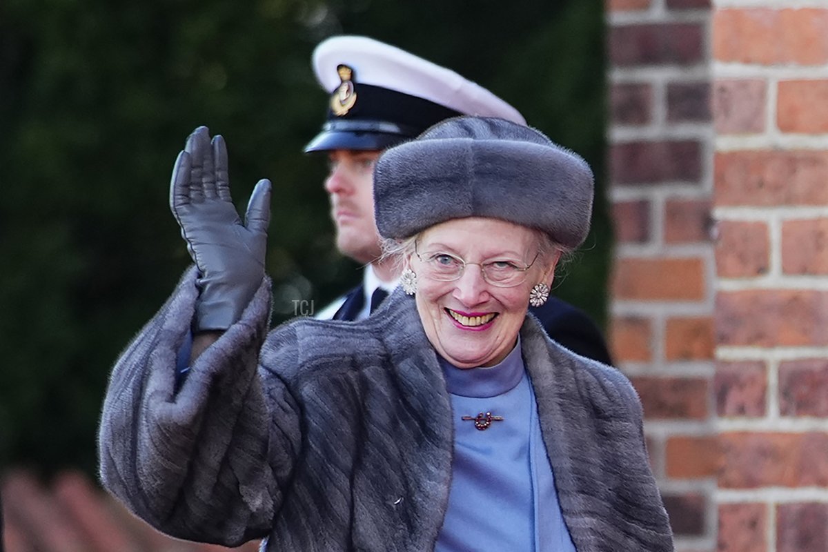 Queen Margrethe II of Denmark waves after visiting the tomb of her father, Frederick IX of Denmark, at Roskilde Cathedral on the day of Queen's 50th anniversary of her accession to the throne, in Roskilde, Denmark, on January 14, 2022