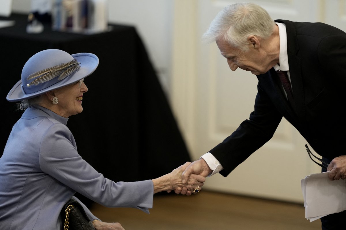 Queen Margrethe II of Denmark is greeted by the the Speaker of the Parliament Henrik Dam Kristensen at the Danish Parliament's celebration of the 50th Regent's Anniversary of Queen Margrethe II of Denmark at Christiansborg Caste in Copenhagen on January 14, 2022