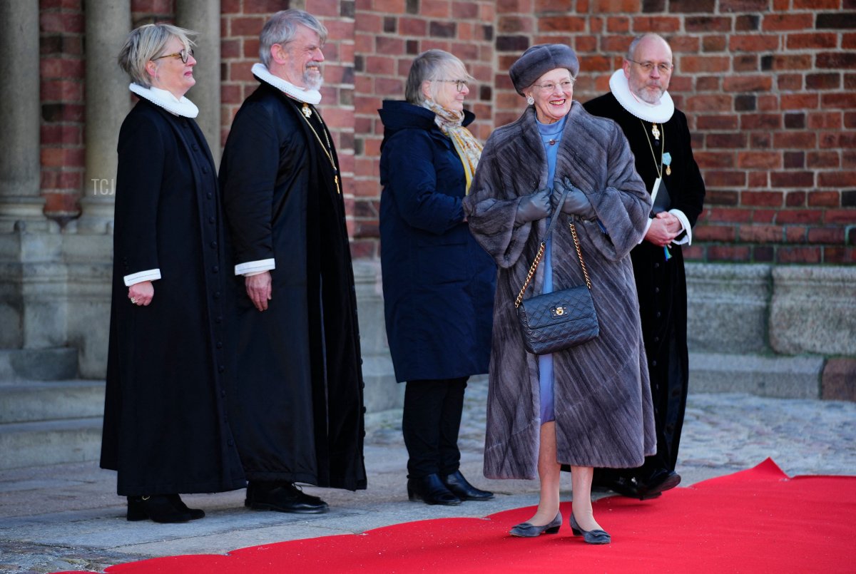 Queen Margrethe II of Denmark arrives to visit the tomb of her father, Frederick IX of Denmark, at Roskilde Cathedral on the day of Queen's 50th anniversary of her accession to the throne, in Roskilde, Denmark, on January 14, 2022