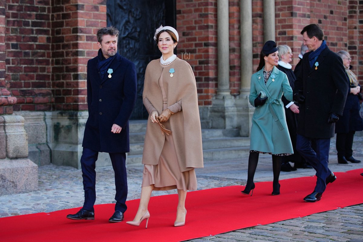 (LtoR) Crown Prince Frederik of Denmark, Crown Princess Mary of Denmark, Princess Marie of Denmark and Prince Joachim of Denmark arrive to visit the tomb of Frederick IX of Denmark, father of Queen Margrethe II of Denmark, at Roskilde Cathedral on the day of Queen's 50th anniversary of her accession to the throne, in Roskilde, Denmark, on January 14, 2022