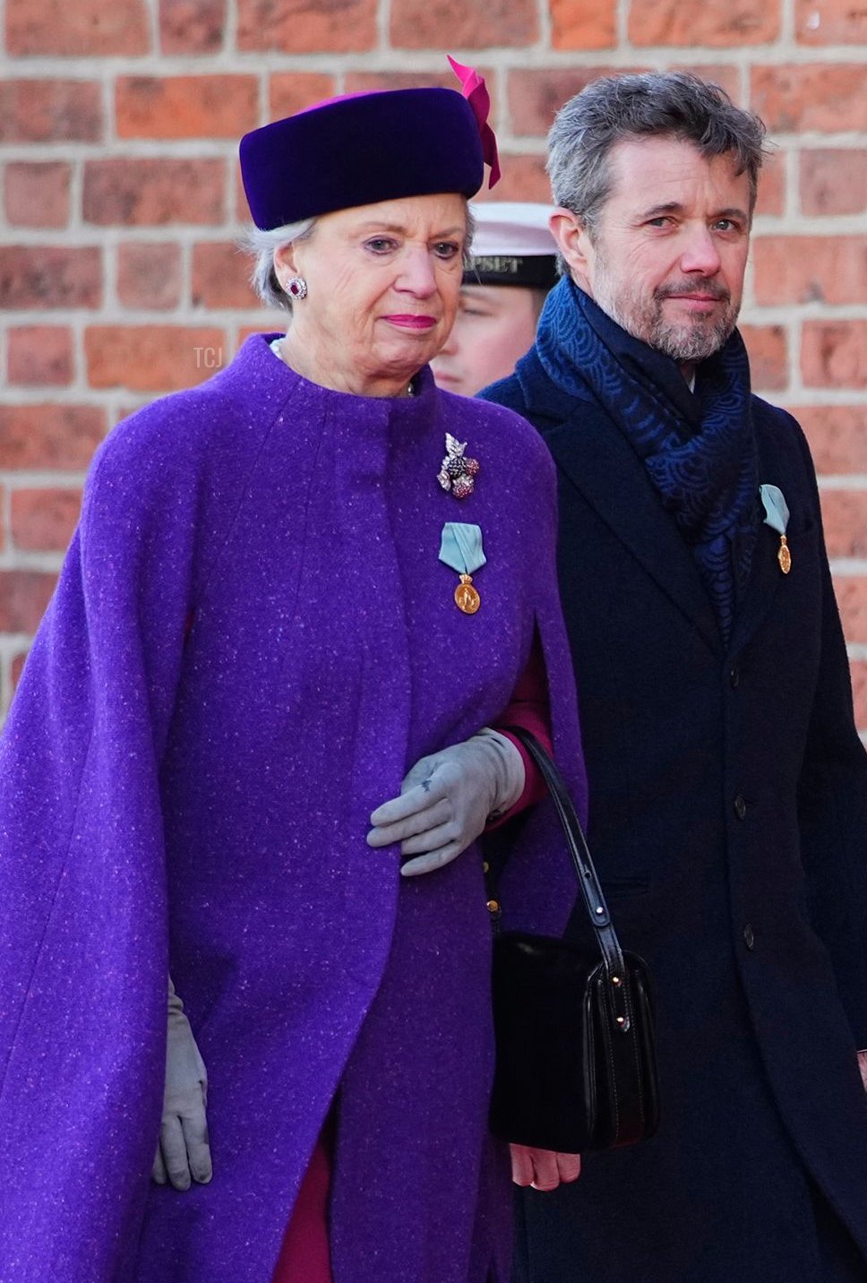 Princess Benedikte of Denmark, Crown Prince Frederik of Denmark and Crown Princess Mary of Denmark are pictured after visiting the tomb of Frederick IX of Denmark, father of Queen Margrethe II of Denmark and Princess Benedikte, at Roskilde Cathedral on the day of Queen's 50th anniversary of her accession to the throne, in Roskilde, Denmark, on January 14, 2022