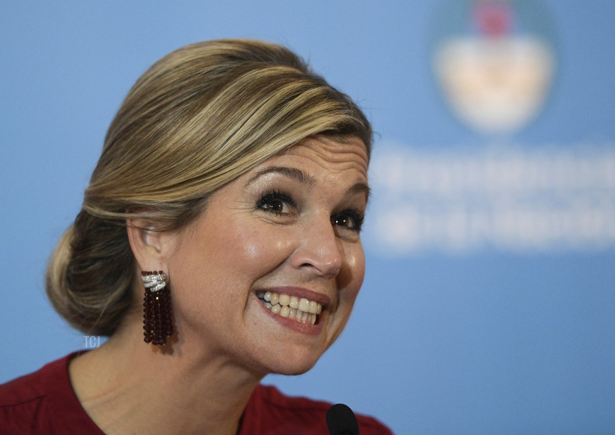 Netherlands' Queen Maxima Zorreguieta delivers a press conference after a meeting with Argentina's President Mauricio Macri at Olivos Presidential residence in Olivos, Buenos Aires on October 12, 2016