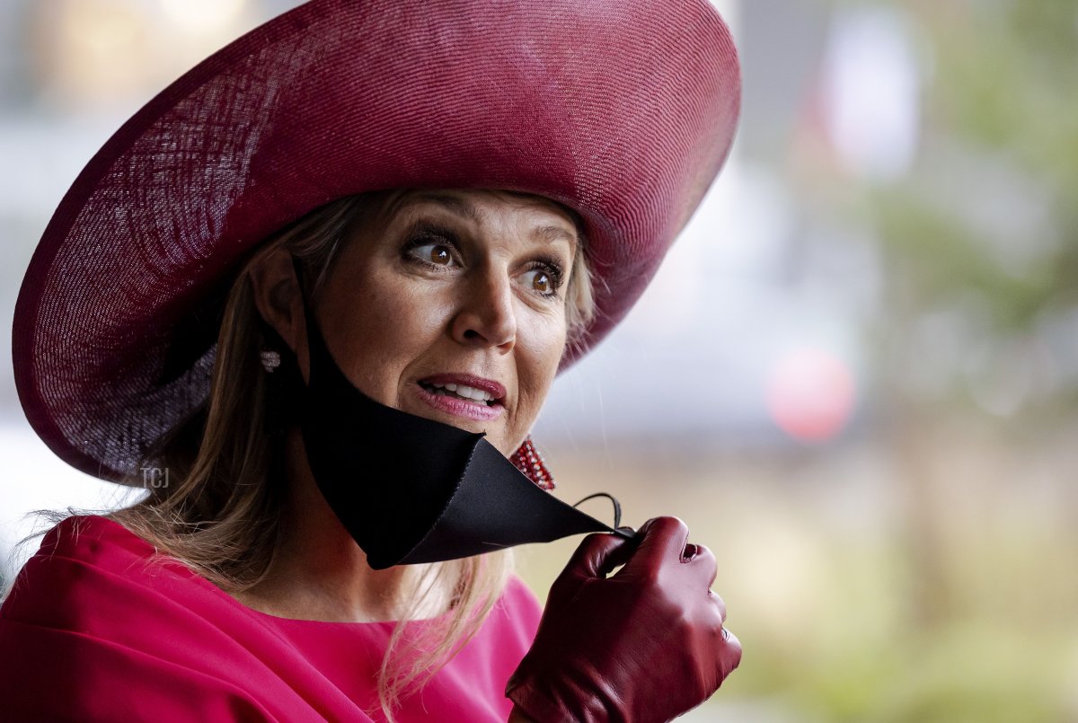 Dutch Queen Maxima adjusts her face mask after the opening of the annual breast cancer month during a meeting on the occasion of the 40th anniversary of the Breast Cancer Association Netherlands in the World Forum, in The Hague, the Netherlands, on October 1, 2020