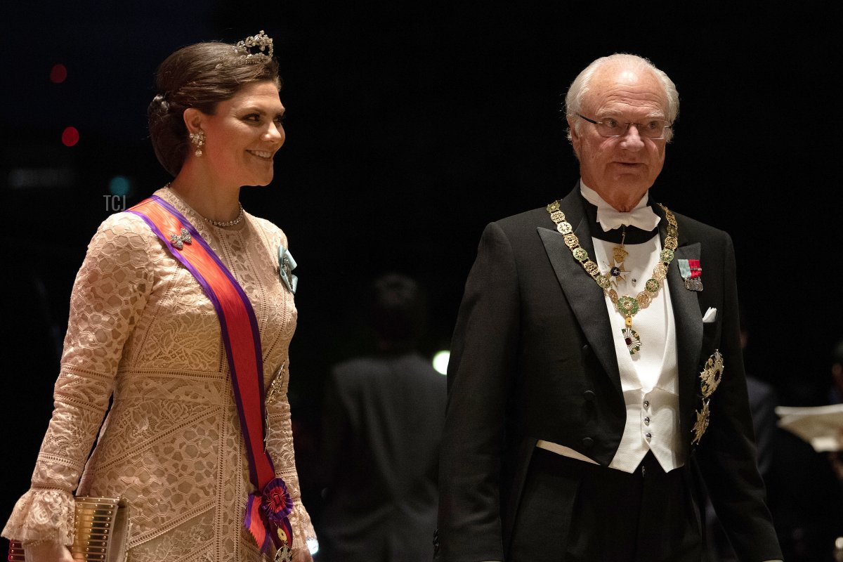 Crown Princess Victoria of Sweden and her father Carl XVI Gustaf of Sweden arrive at the Imperial Palace for the Court Banquets after the Ceremony of the Enthronement of Emperor Naruhito on October 22, 2019 in Tokyo, Japan