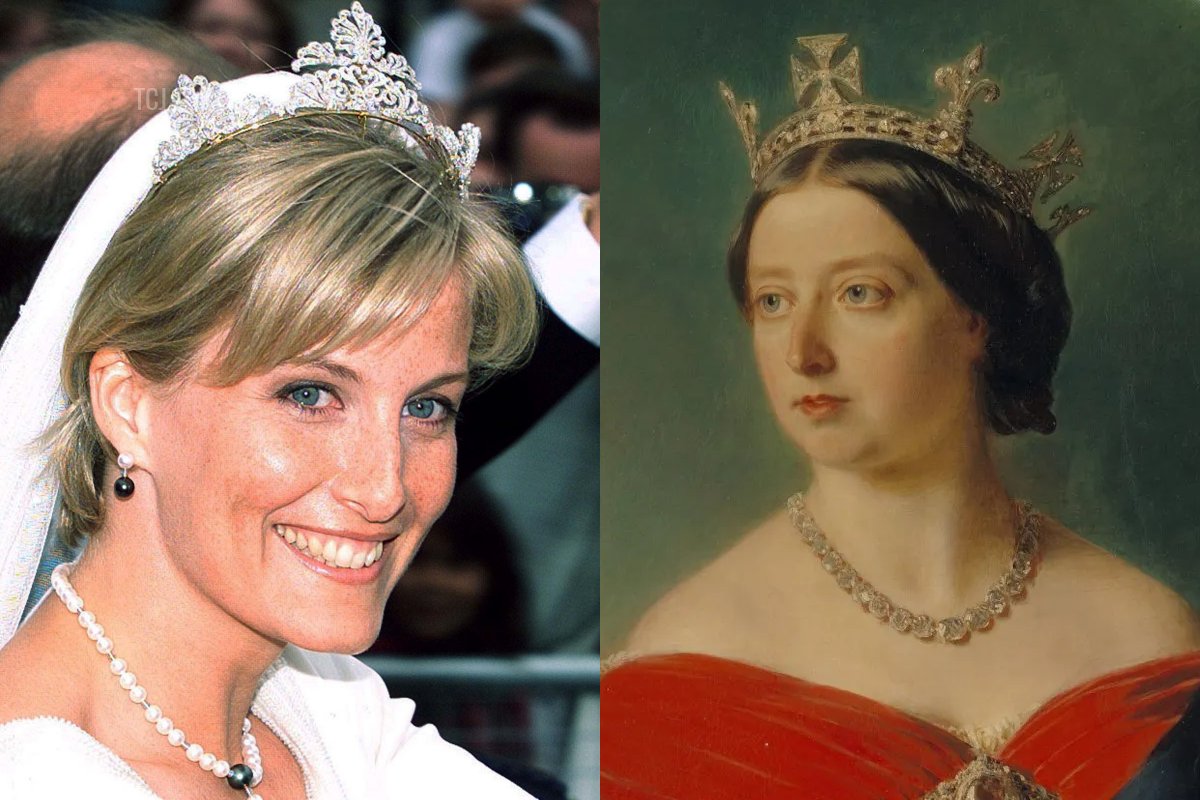 Sophie Rhys-Jones smiles from her carriage following her wedding to Prince Edward in St. George's Chapel at Windsor Castle 19 June 1999/Portrait of Queen Victoria