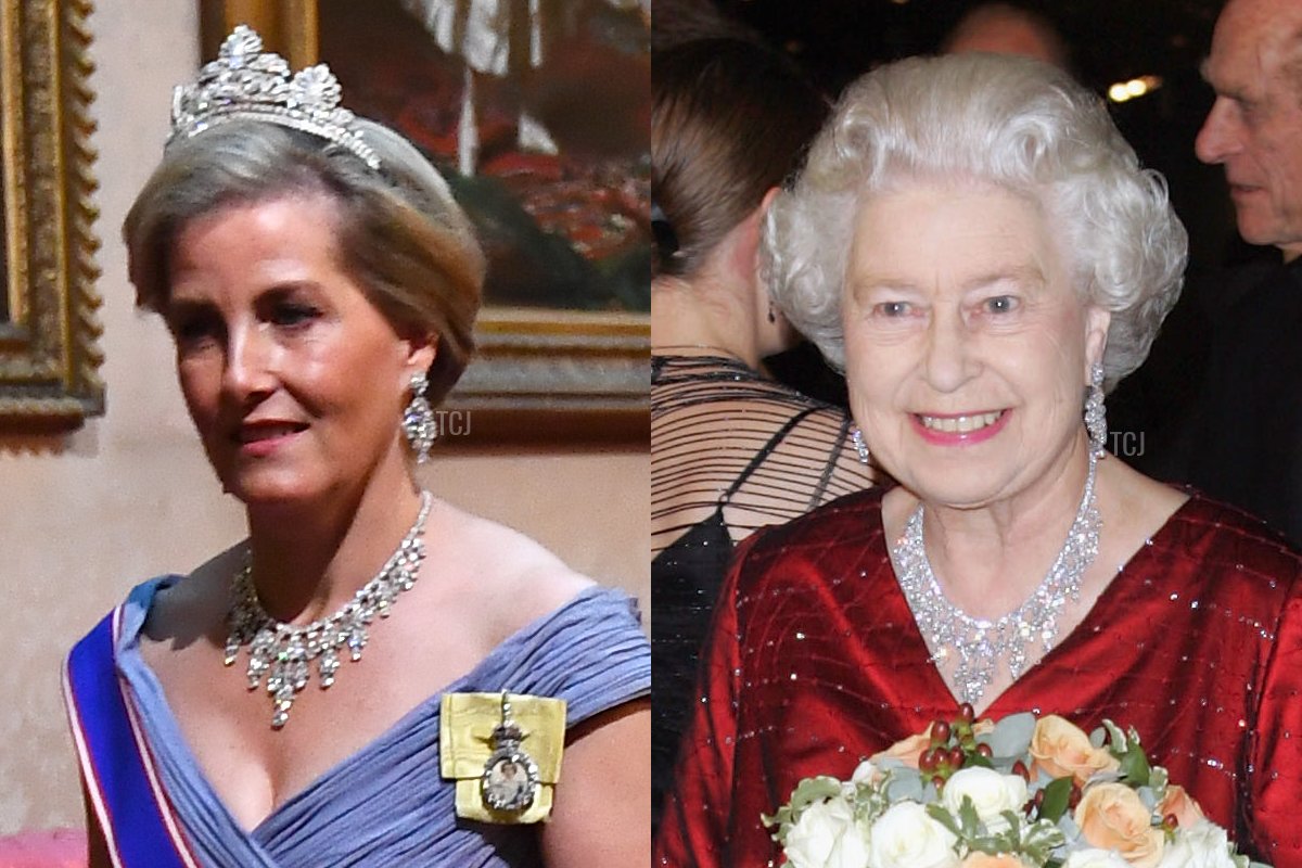 Sophie, Countess of Wessex and the Chancellor of the Duchy of Lancaster, David Lidington arrive through the East Gallery for a State Banquet at Buckingham Palace on June 3, 2019 in London, England/HM Queen Elizabeth II carries a bouquet of flowers at the Royal Variety Performance, November 21, 2005 in Cardiff, Wales