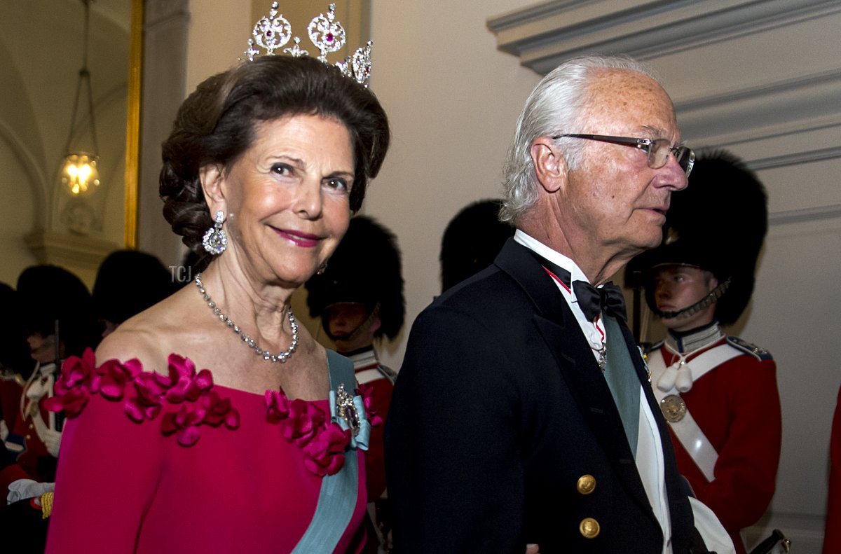 King Carl Gustaf of Sweden and wife Queen Silvia arrive to the gala banquet on the occasion of The Crown Prince's 50th birthday at Christiansborg Palace on May 26, 2018 in Copenhagen, Denmark