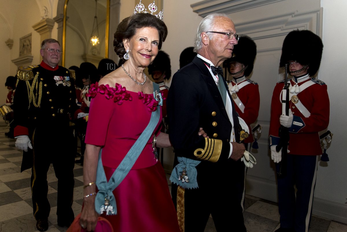 King Carl Gustaf of Sweden and wife Queen Silvia arrive to the gala banquet on the occasion of The Crown Prince's 50th birthday at Christiansborg Palace on May 26, 2018 in Copenhagen, Denmark