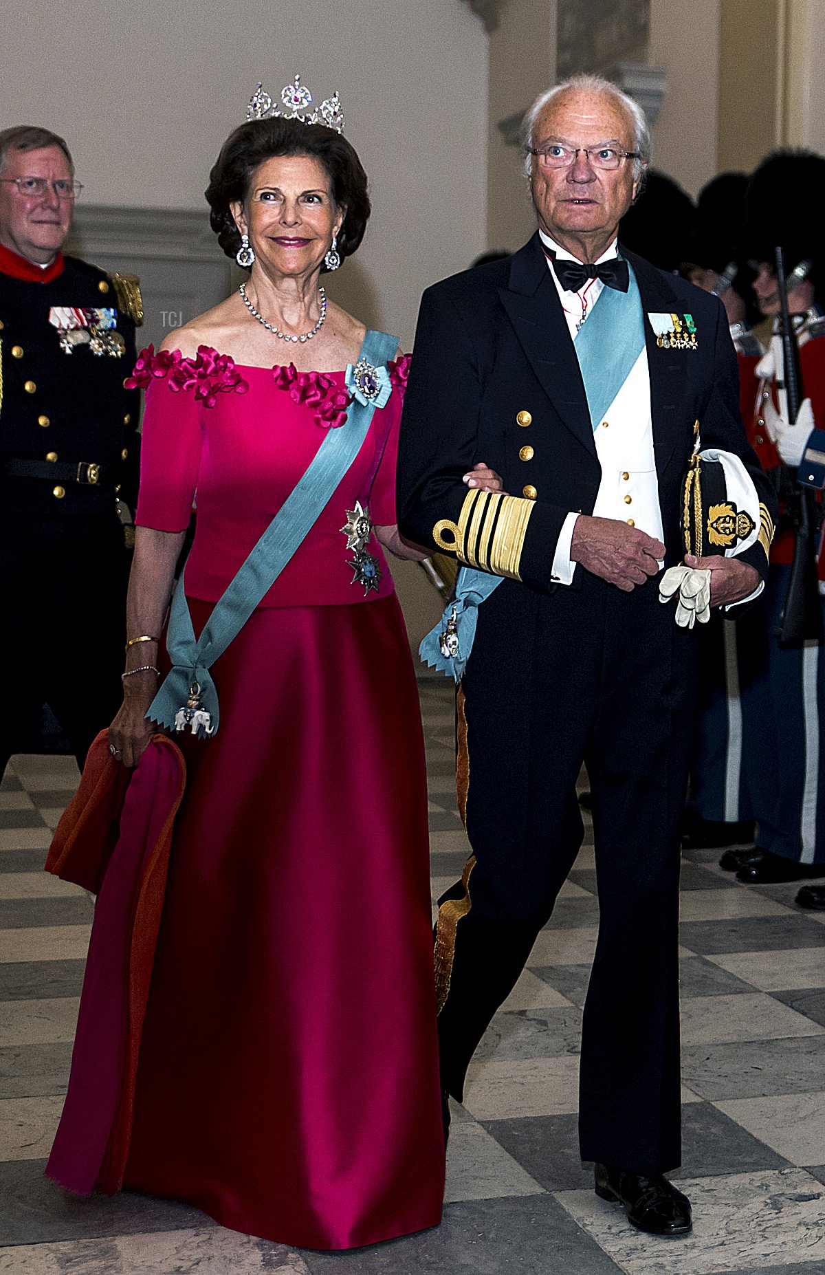 King Carl Gustaf of Sweden and wife Queen Silvia arrive to the gala banquet on the occasion of The Crown Prince's 50th birthday at Christiansborg Palace on May 26, 2018 in Copenhagen, Denmark