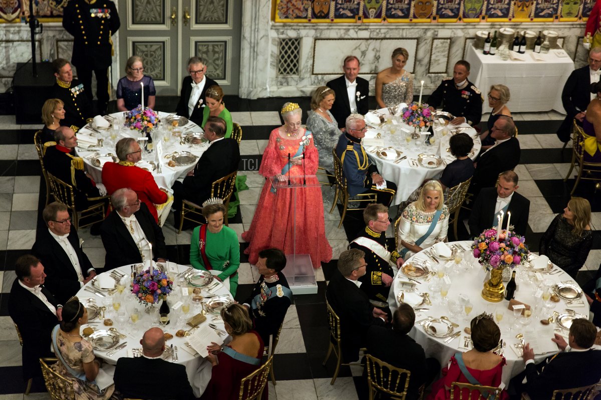 Queen Margrethe of Denmark (C) holds the birthday speech for Crown Prince Frederik of Denmark at the galla dinner in the Knights Hall on the occasion of the Crown Prince's 50th birthday at Christiansborg Palacel on May 26, 2018 in Copenhagen, Denmark