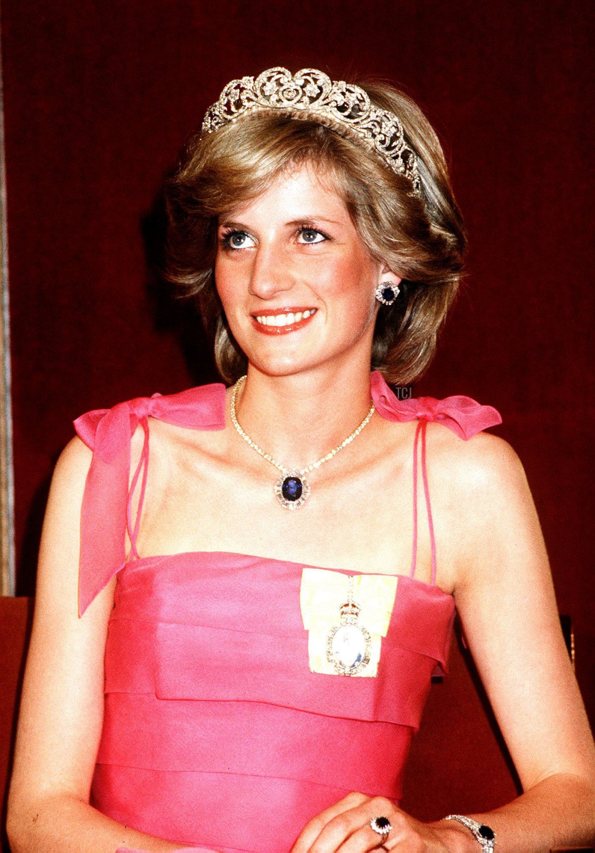 Princess Diana in Australia at the State Reception at Brisbane wearing a pink dress and tiara April 1983
