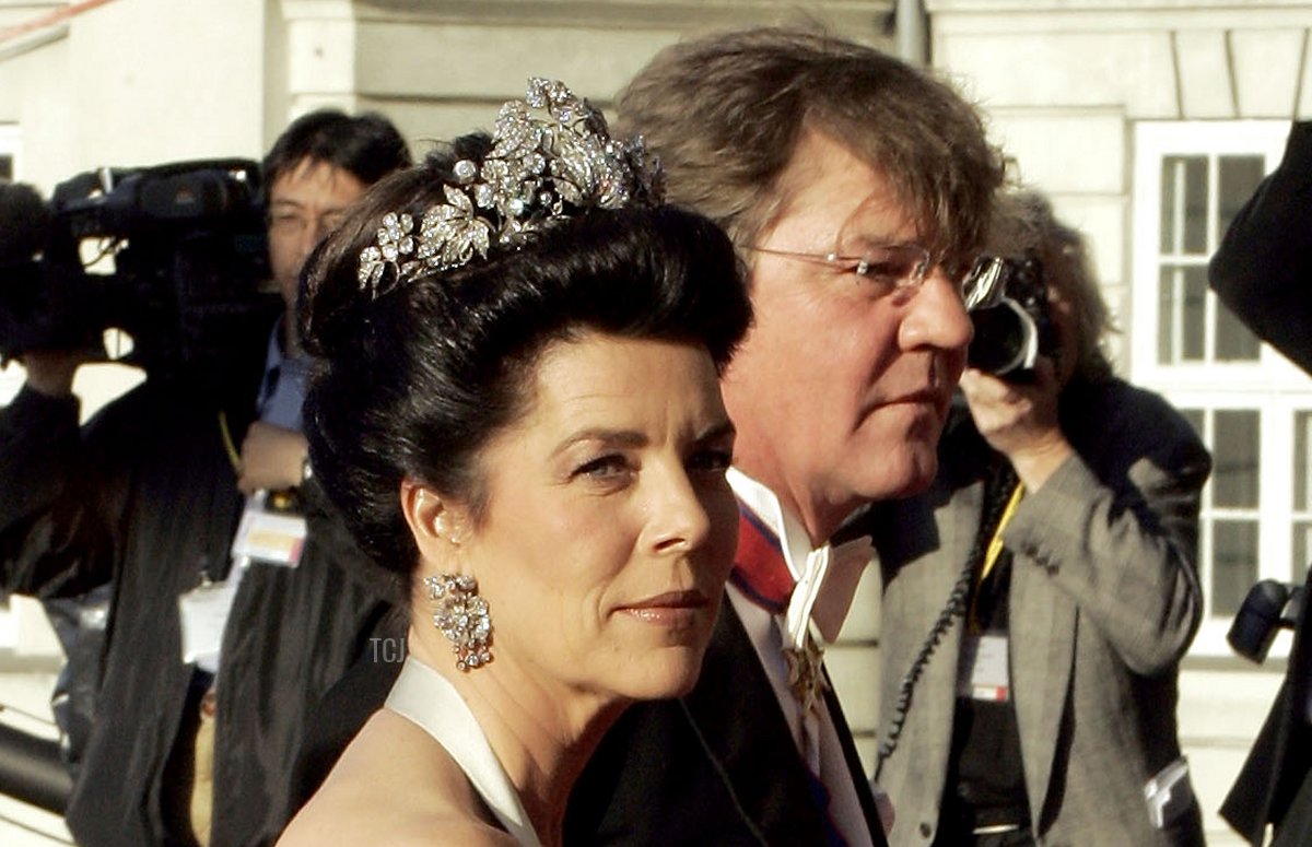Princess of Hanover Caroline and husband Ernst-August arrive to the Royal Theatre to attend a gala performance in honor of Danish Crown Prince Frederik and Mary Donaldson wedding May 13, 2004 in Copenhagen