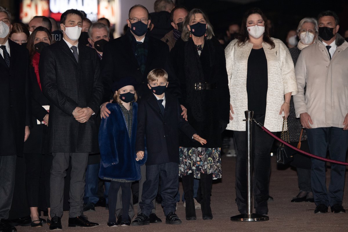 Louis Ducruet, Prince Albert II of Monaco, Princess Caroline of Hanover, Melanie-Antoinette Costello de Massy, Princess Gabriella of Monaco and Prince Jacques of Monaco attend the Sainte Devote Ceremony. on January 26, 2022 in Monaco, Monaco