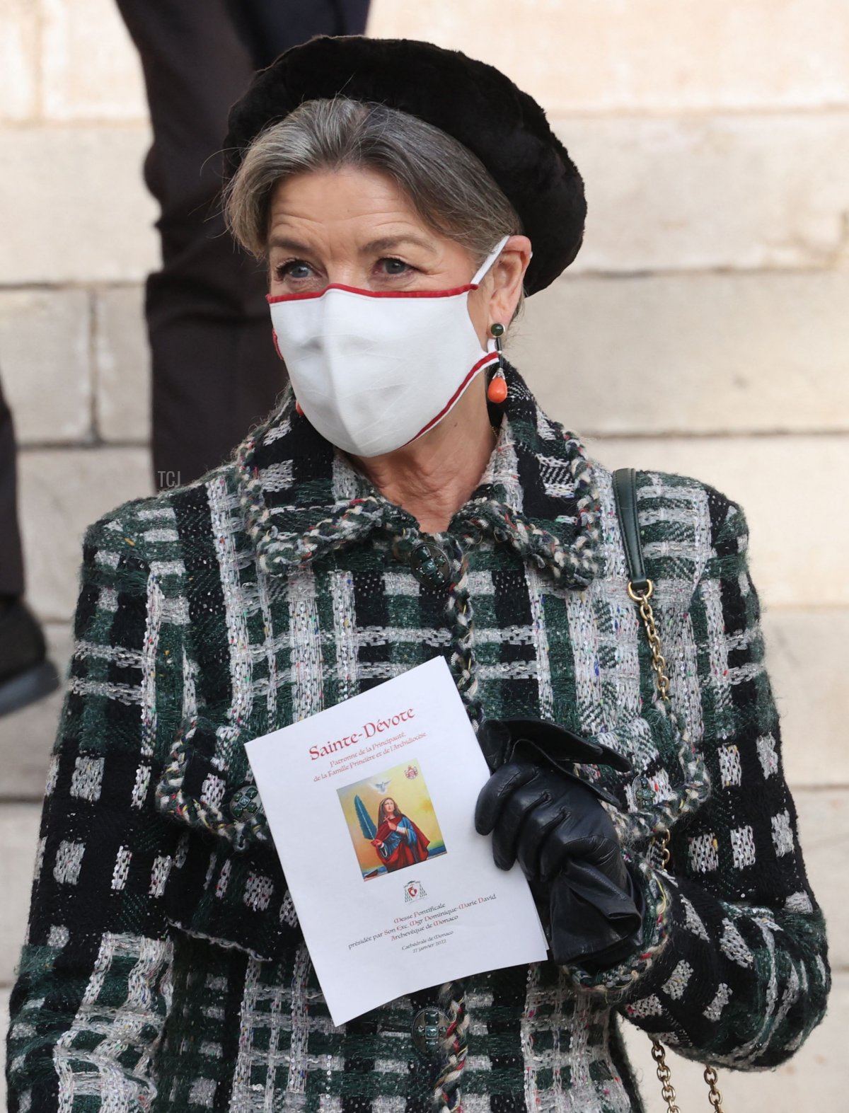 Princess Caroline of Hanover leaves the Monaco Cathedral during the Sainte Devote Celebrations in Monaco on January 27, 2022