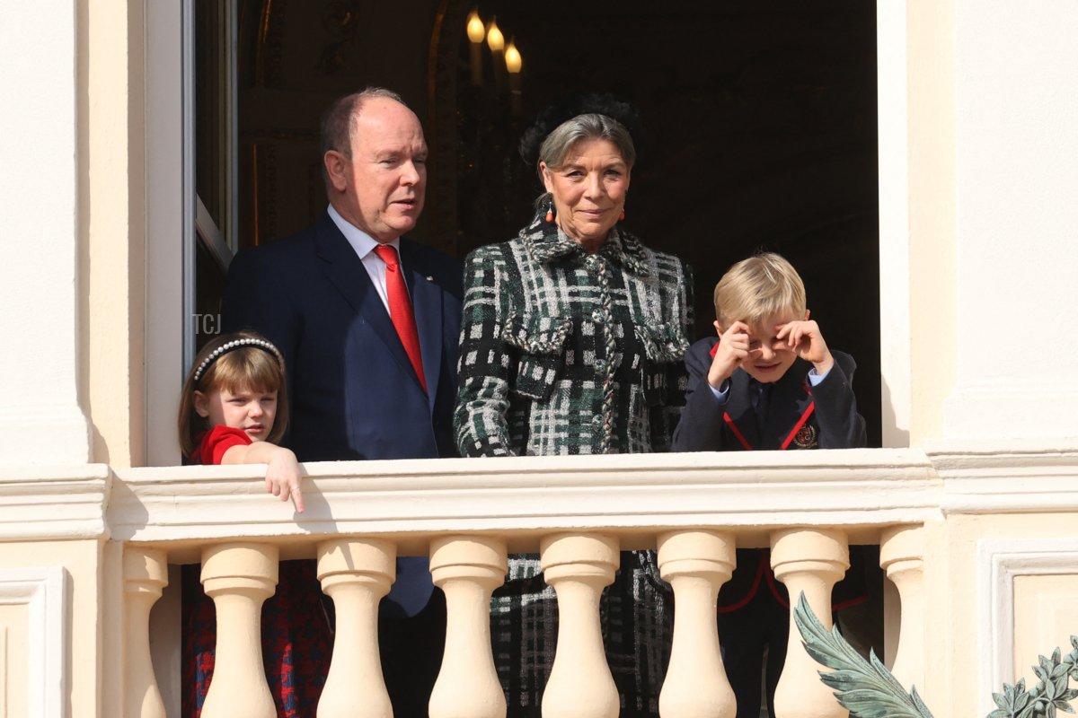 Prince's Albert II of Monaco, Princess Caroline of Hanover, Prince Jacques and Princess Gabriella of Monaco appear on the palace's balcony during the Sainte Devote Celebrations in Monaco on January 27, 2022