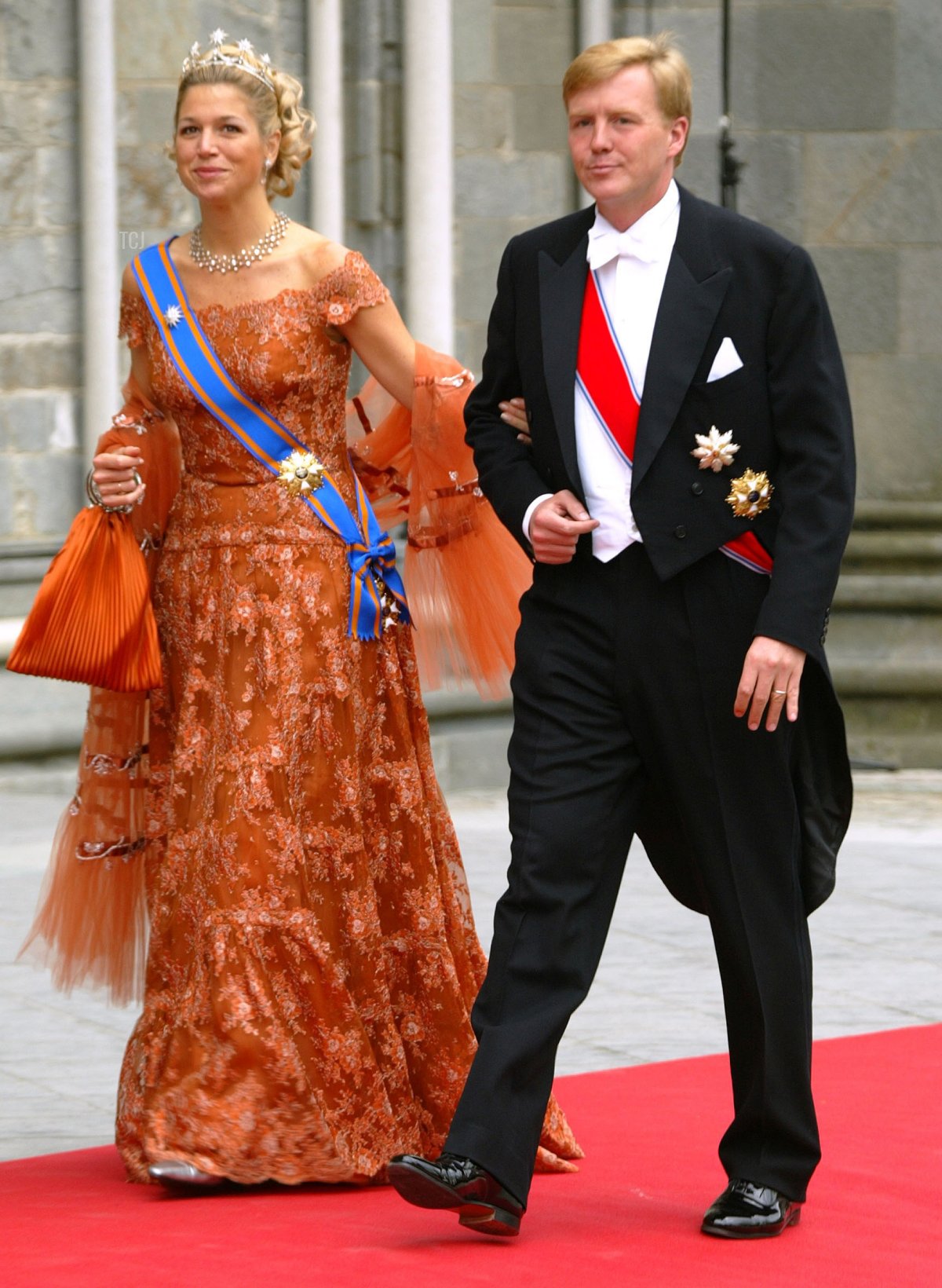 Princess Maxima and Prince Willem Alexander of Holland arrive for the wedding ceremony of Princess Martha Louise of Norway and writer Ari Behn at the Nidaros Cathedral May 24, 2002 in Trondheim, Norway