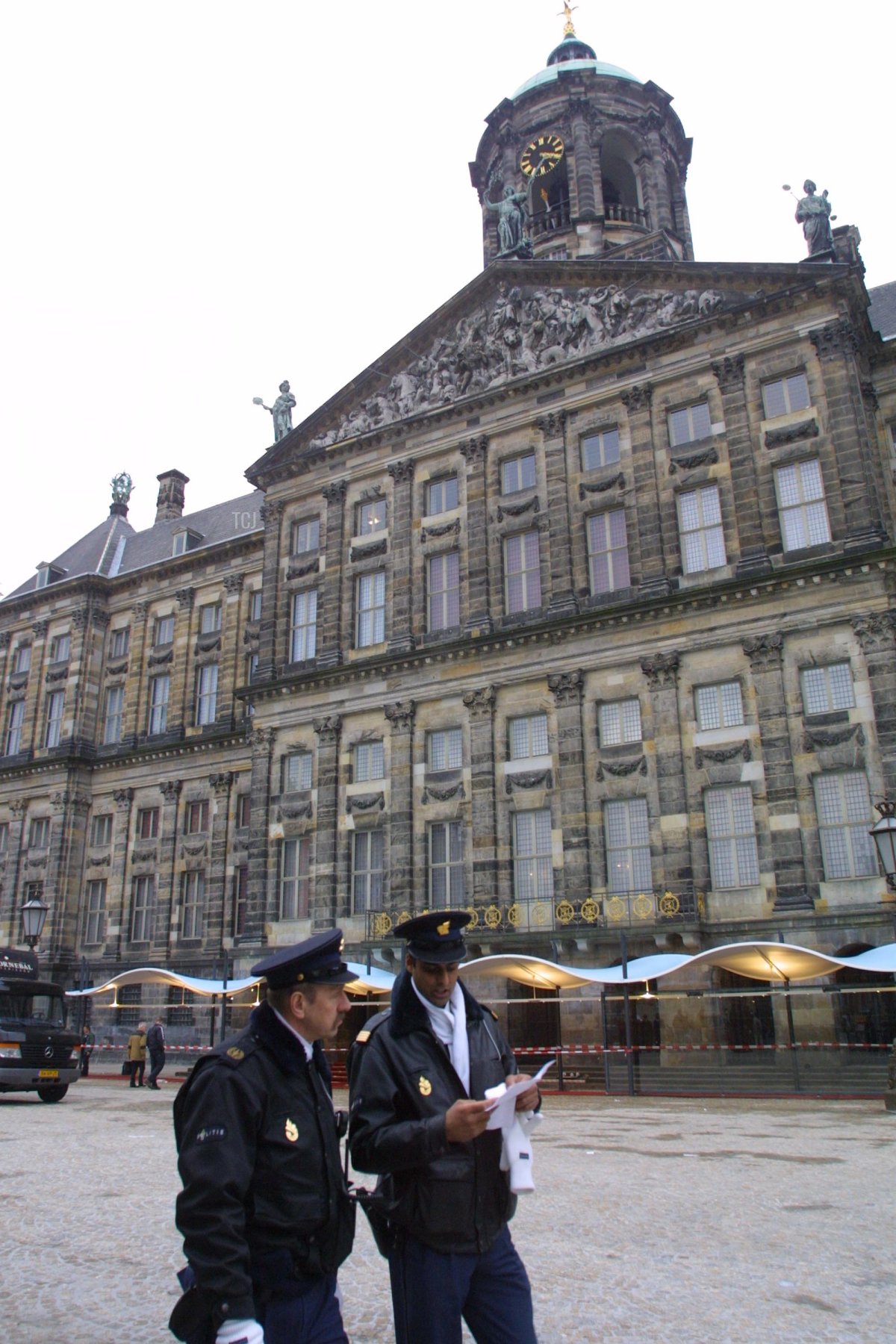 Police patrol the outside courtyard of the Royal Palace January 30, 2002 in Amsterdam, Netherlands where Argentine Maxima Zorreguieta and Dutch Crown Prince Willem Alexander will present themselves as a married couple on February 2, 2002
