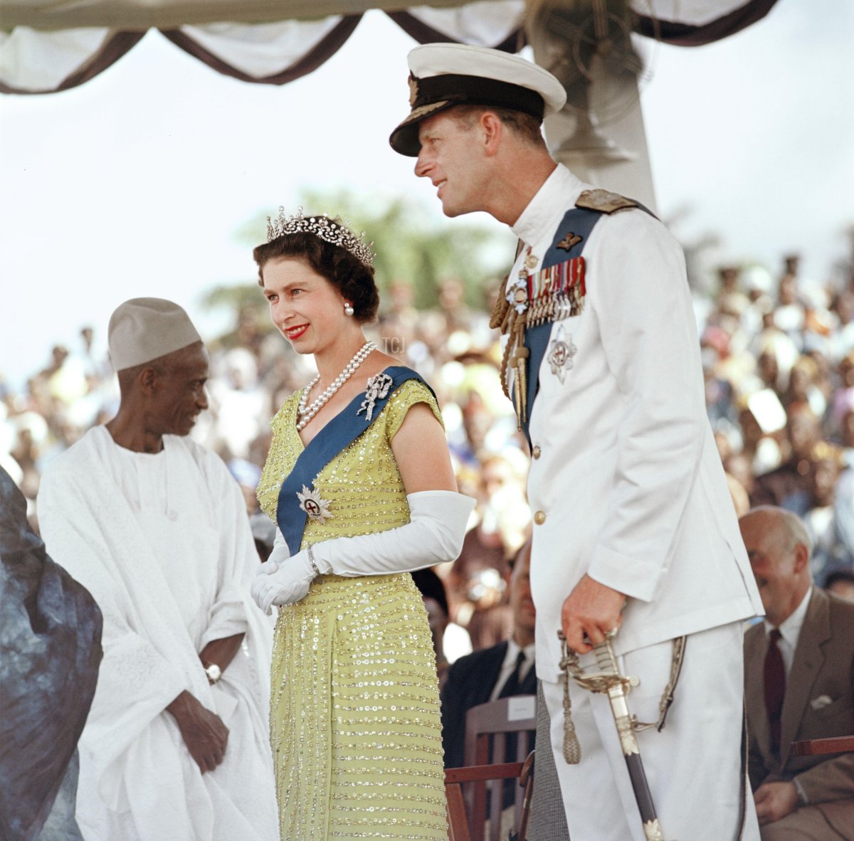 Queen Elizabeth II with her husband Prince Philip, the Duke of Edinburgh, pictured at a durbar at Bo, Sierra Leone, November 1961