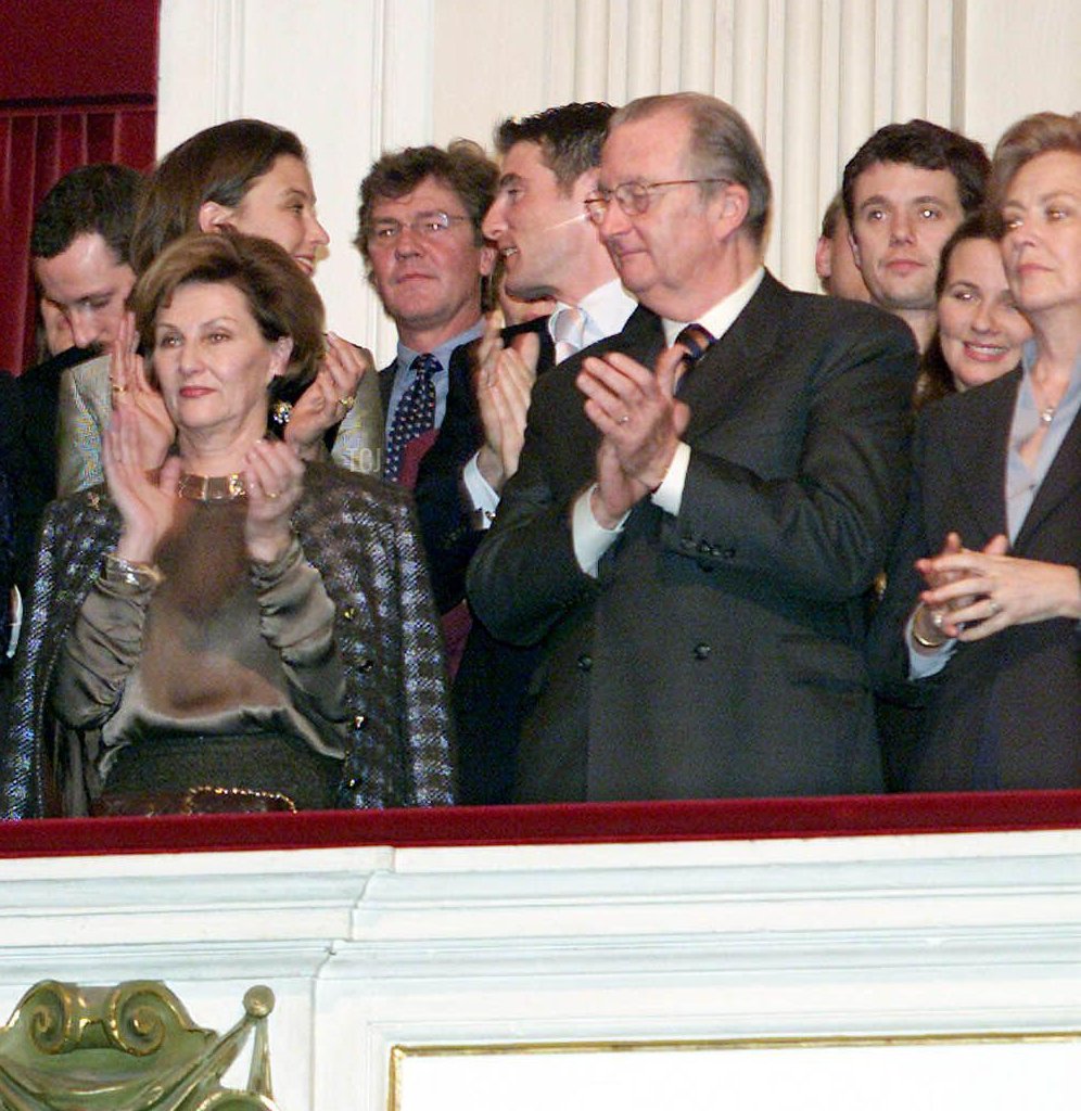 Members of the European royal families, front row, from L-R: Queen Sofia of Spain, King Carl Gustav and Queen Silvia of Sweden, Queen Sonja of Norway, King Albert II and Queen Paola of Belgium applaud at the end of a concert in Amsterdam, February 1, 2002