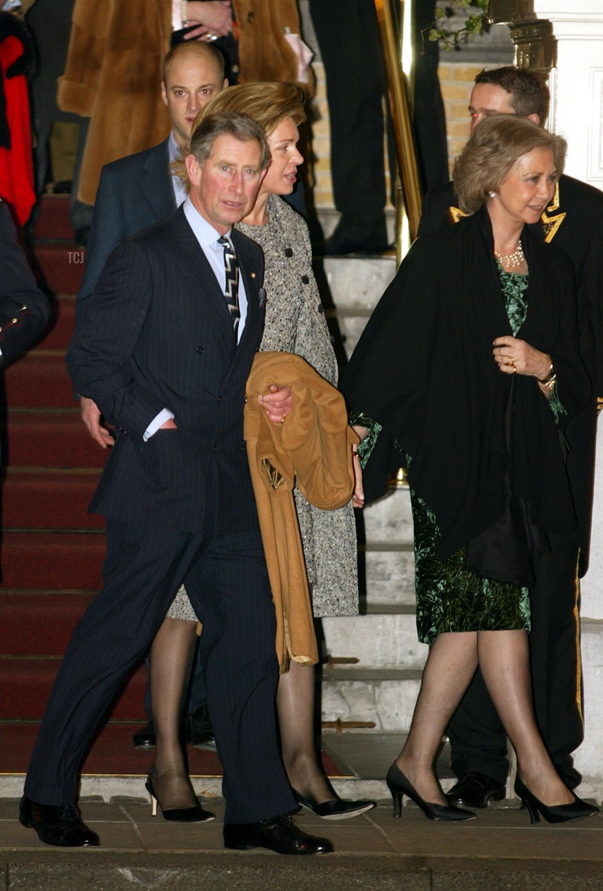 Prince Charles of Britain (L), Queen Noor of Jordan and Queen Sofia of Spain are on the way to wedding celebrations January 31, 2002 in Amsterdam, Netherlands
