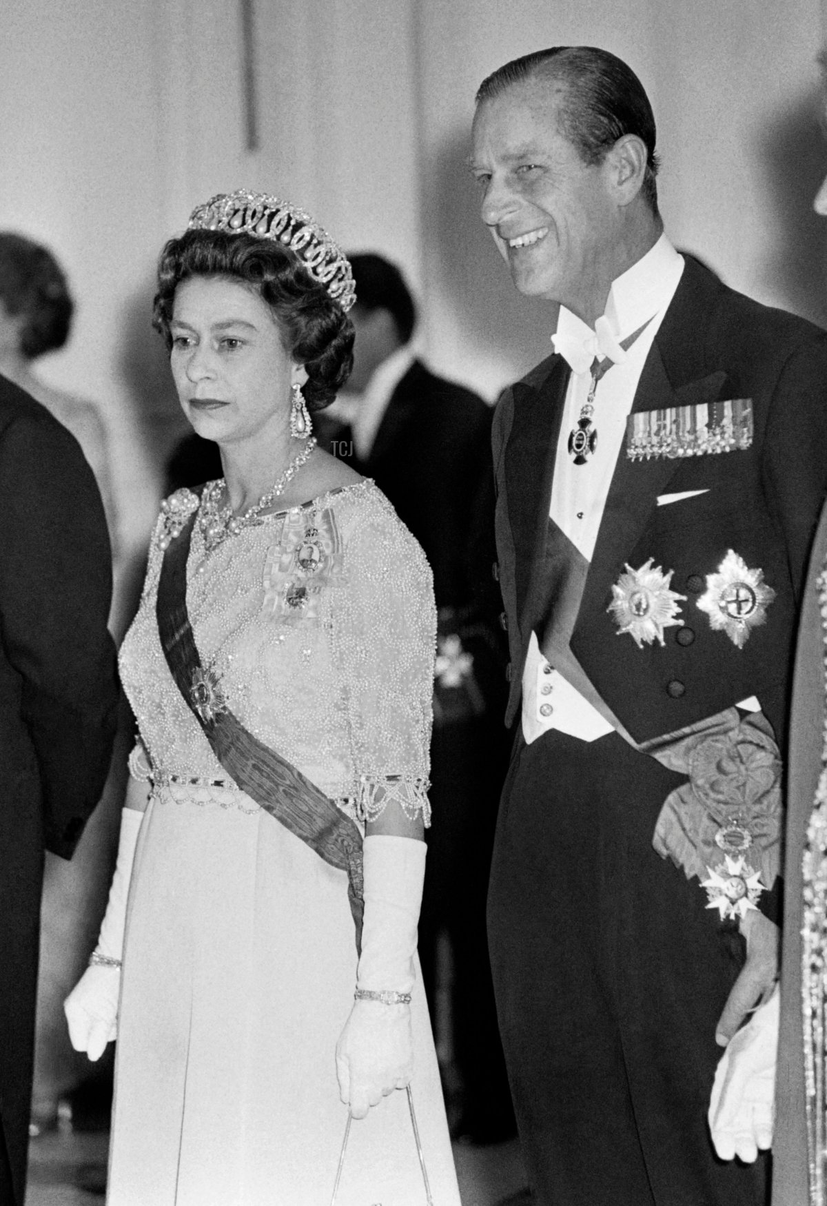 Britain's Queen Elizabeth II (2nd L) and her husband Prince Philip (2nd R), Duke of Edinburgh, arrive on May 15, 1972 at the Trianon to attend a dinner at the Palace of Versailles, on the first day of their State visit in France