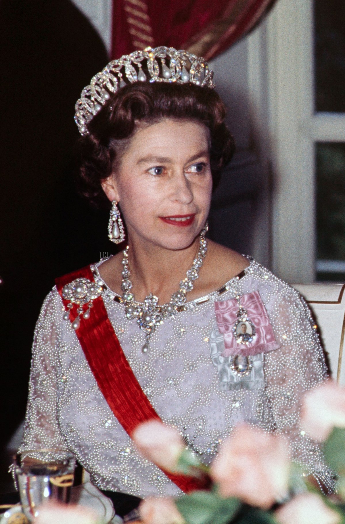 Elizabeth II of Great Britain and her husband Prince Philip, Duke of Edinburgh (L) arrive at the Trianon to attend a dinner at the Palace of Versailles, on May 15, 1972, on the first day of their State visit in France