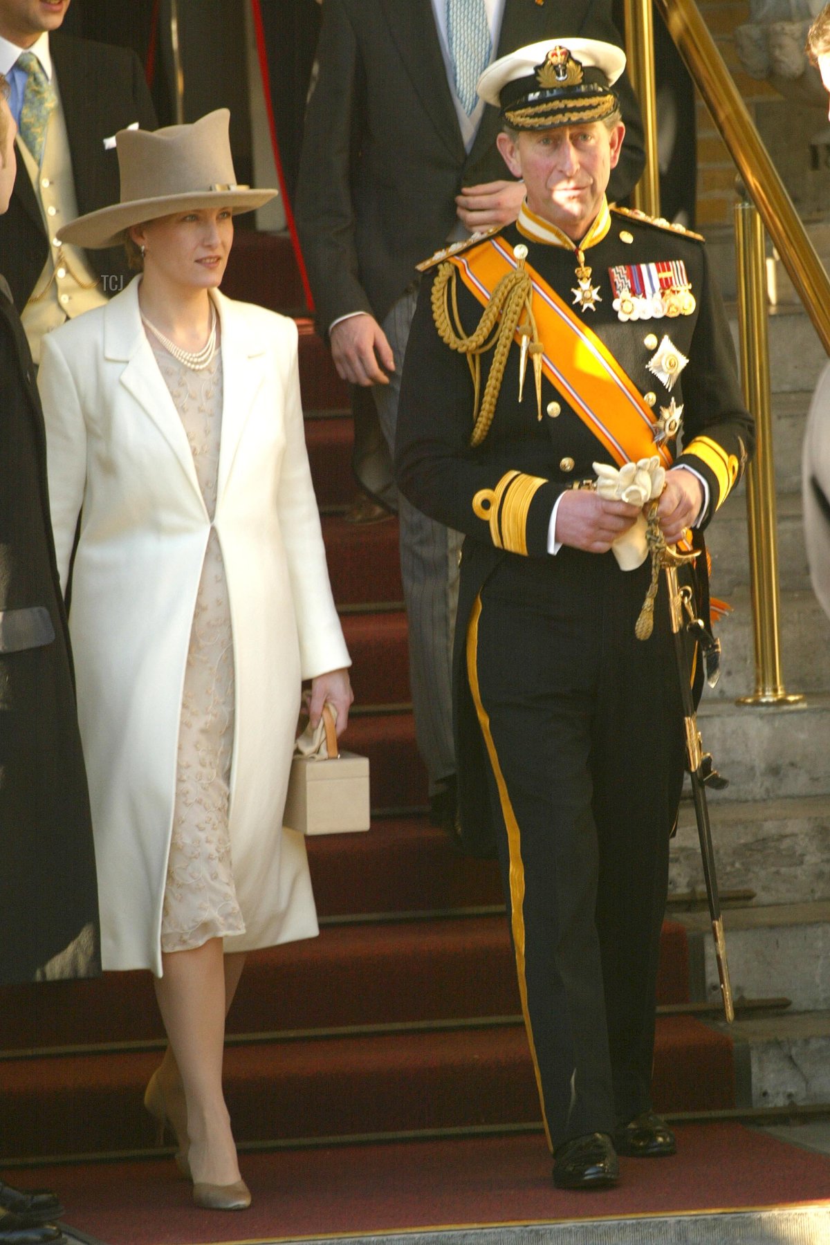 Countess of Wessex Sophie Rhys-Jones and Prince Charles of Britain are on the way to the wedding of Dutch Crown Prince Willem Alexander and Argentine Maxima Zorreguieta February 2, 2002 in Amsterdam
