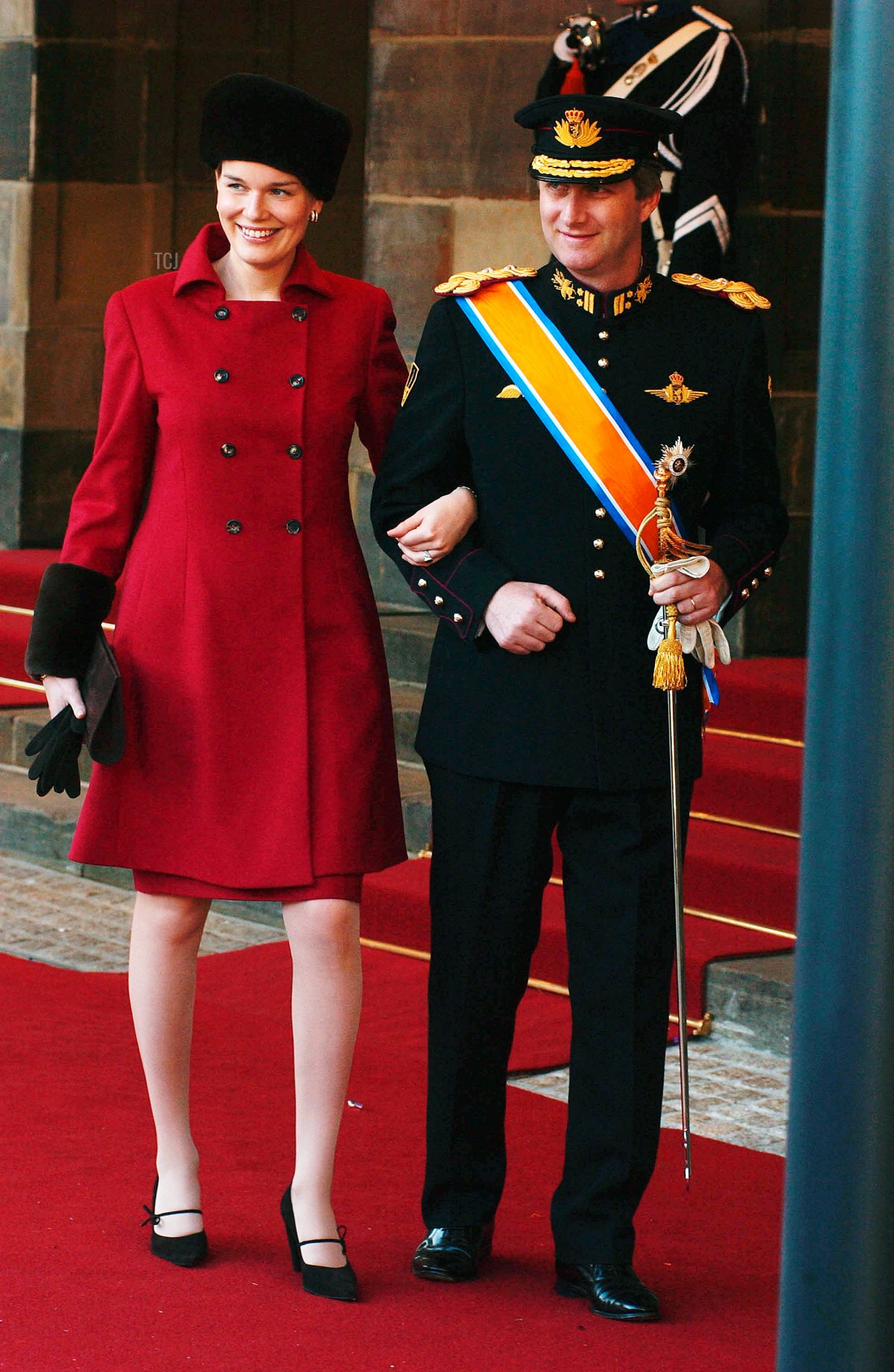 Princess Matilde of Belgium and husband Prince Phillip of Belgium arrive for the wedding of Dutch Crown Prince Willem Alexander and Crown Princess Maxima Zorreguieta February 2, 2002 in Amsterdam