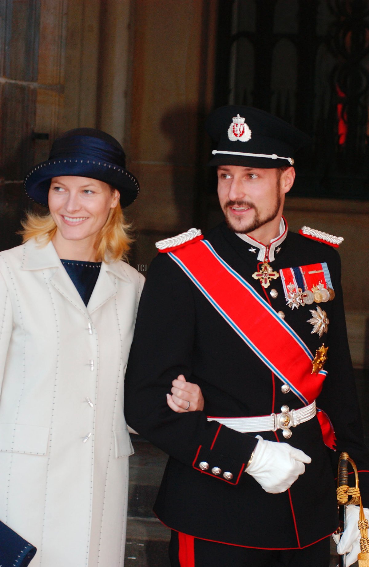 Crown Princess Mette-Marit and Crown Prince Haakon of Norway arrive for the wedding of Dutch Crown Prince Willem Alexander and Crown Princess Maxima Zorreguieta February 2, 2002 in Amsterdam