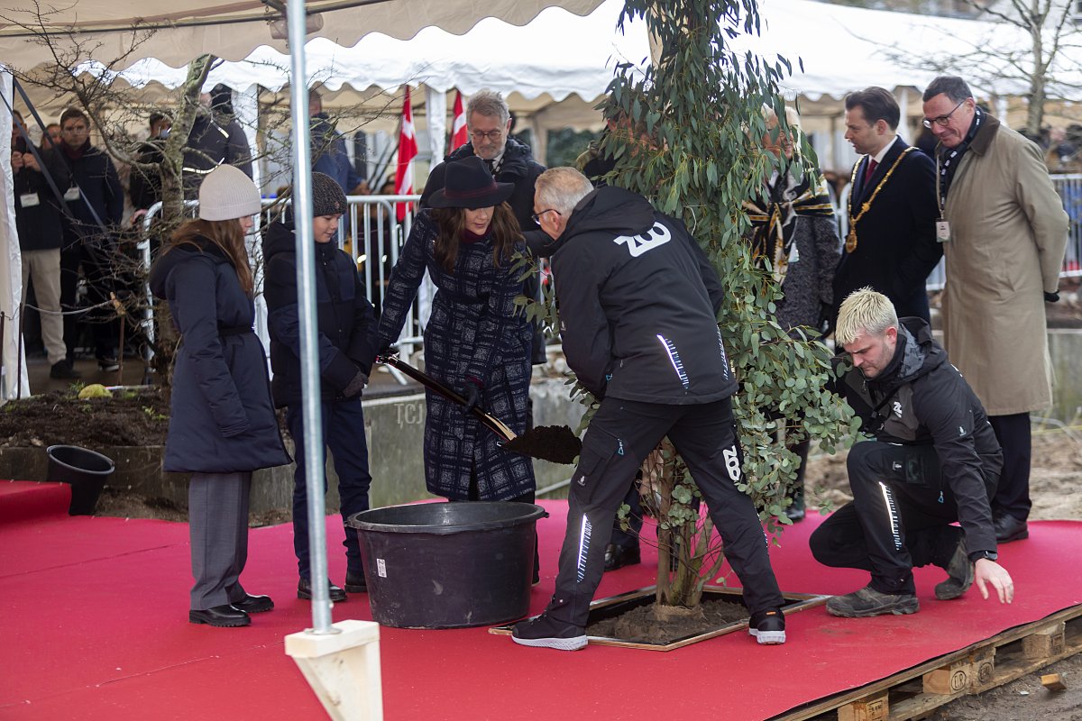 Crown Princess Mary of Denmark, Prince Vincent and Princess Josephine visit Copenhagen Zoo to cut the first sod for what will be Mary's Australian Garden on February 2, 2022 in Frederiksberg, Denmark