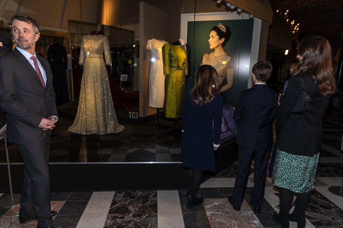 Crown Princess Mary of Denmark together with Crown Prince Frederik and the twins, Prince Vincent and Princess Josephine and their older sister, Princess Isabella, seen at, the opening of the exhibition "H.K.H. Crown Princess Mary 1972-2022" at Frederiksborg Museum of National History on February 3, 2022 in Hillerod, Denmark