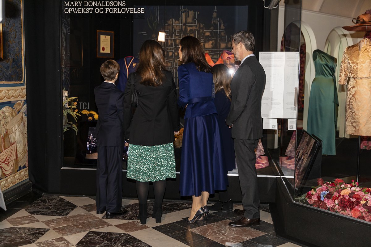 Crown Princess Mary of Denmark together with Crown Prince Frederik and the twins, Prince Vincent and Princess Josephine and their older sister, Princess Isabella, seen at, the opening of the exhibition "H.K.H. Crown Princess Mary 1972-2022" at Frederiksborg Museum of National History on February 3, 2022 in Hillerod, Denmark