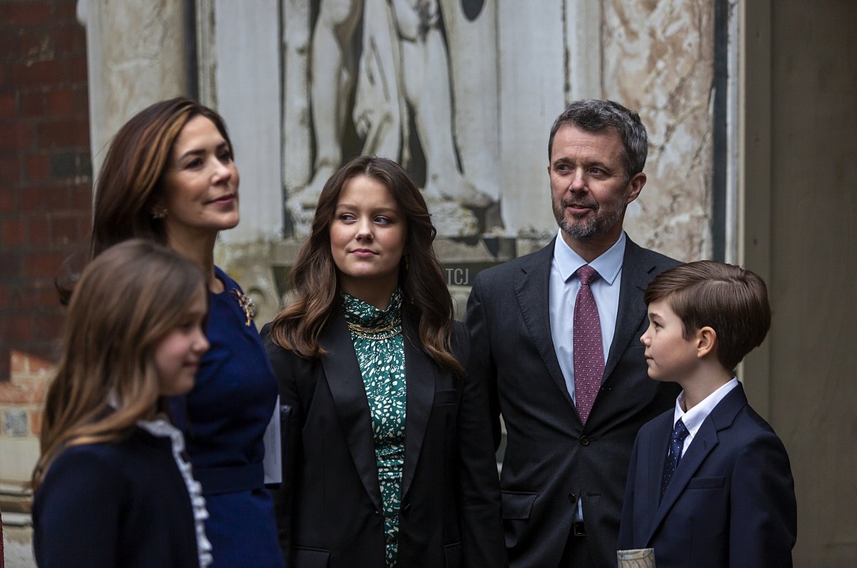 Crown Princess Mary of Denmark together with Crown Prince Frederik and the twins, Prince Vincent and Princess Josephine and their older sister, Princess Isabella, seen at, the opening of the exhibition "H.K.H. Crown Princess Mary 1972-2022" at Frederiksborg Museum of National History on February 3, 2022 in Hillerod, Denmark