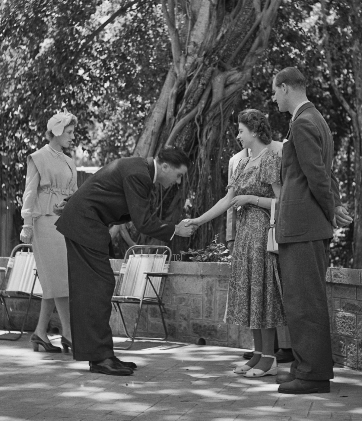 Princess Elizabeth and Prince Philip (centre) are greeted at Sagana Lodge in Nyeri County, during a Commonwealth visit to Kenya, 5th February 1952