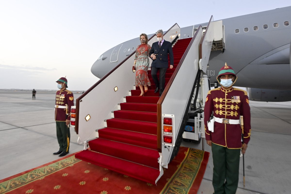 Queen Mathilde of Belgium and King Philippe - Filip of Belgium pictured during the arrival at Muscat International Airport on the first day of an official visit of the Belgian Royals to the Sultanate of Oman and United Arab Emirates, Wednesday 02 February 2022, in Muscat, Oman