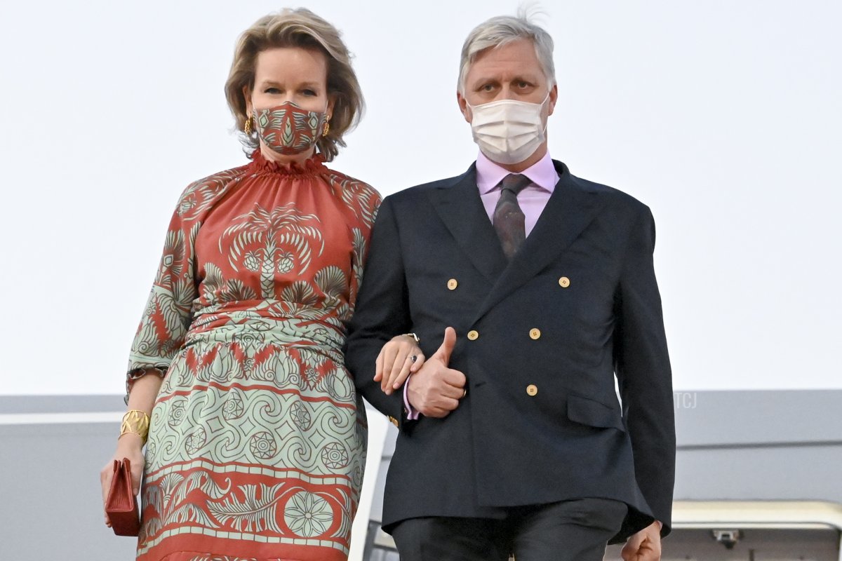 Queen Mathilde of Belgium and King Philippe - Filip of Belgium pictured during the arrival at Muscat International Airport on the first day of an official visit of the Belgian Royals to the Sultanate of Oman and United Arab Emirates, Wednesday 02 February 2022, in Muscat, Oman