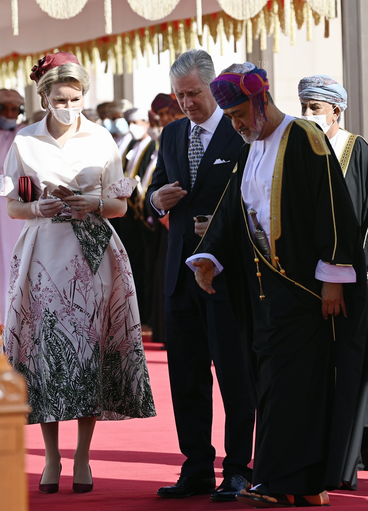 Queen Mathilde of Belgium, King Philippe - Filip of Belgium and Sultan of Oman Haitham bin Tariq Al Said pictured during the official welcoming at the Al Alam Palace in Muscat, Oman on Thursday 03 February 2022, day two of an official visit of the Belgian Royals to the Sultanate of Oman and United Arab Emirates